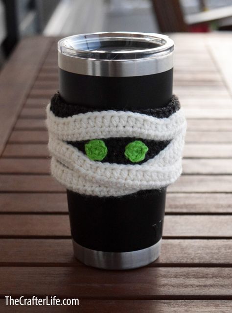 Halloween Coffee Cozy Crochet Pattern, Crochet Halloween Cup Cozy Free Pattern, Halloween Cup Cozy, Crochet Seasonal, Cup Sleeve Pattern, Crochet Cozies, Coffee Crochet, Happy Holloween, Cup Cozy Pattern