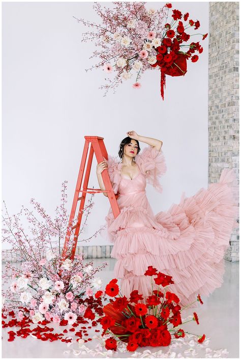 Ladder With Flowers Photoshoot, Floral Ladder Photoshoot, Ladder Poses Photo Shoot, Floral Editorial Shoot, Pink Flower Photoshoot, Ladder Photoshoot, Floral Photoshoot Ideas, Fashion Backdrop, Monochromatic Photoshoot