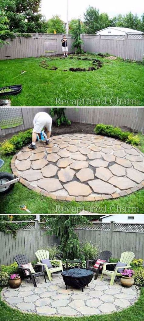 DIY Fireplace Ideas - Round Firepit Area For Summer Nights - Do It Yourself Firepit Projects and Fireplaces for Your Yard, Patio, Porch and Home. Outdoor Fire Pit Tutorials for Backyard with Easy Step by Step Tutorials - Cool DIY Projects for Men #diyideas #outdoors #diy Fire Pit Ideas Backyard Stepping Stones, Back Patio Fire Pit Ideas, Diy Big Backyard Ideas On A Budget, Camp Yard Ideas, Firepits Backyard Diy In Ground, Patio Easy Diy, Simple Diy Fire Pit Area, Fireplace Pits Backyards, Backyard Inspo Diy