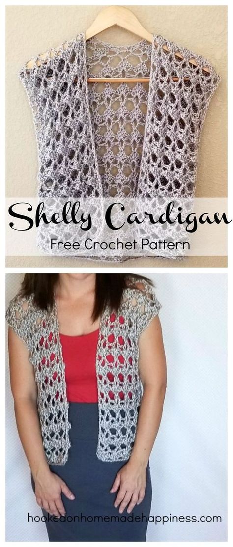 I named this cardigan the Shelly Cardigan because of the pretty shell pattern. It has a feminine, lacy look. And with an easy two row repeat, it works up rather quickly! I will say that after all was said and done, I’m not a fan of my yarn choice. I like the silver sheen, but it was splitty and hard to work with. Now after wearing it a couple times, it’s become rather fuzzy. If I make one again, I’ll most likely choose a cotton yarn instead. This cardigan can be dressed up or down… either way... Crochet Bolero Pattern Free Easy, Crochet Vest Outfit, Corak Krusye, Lace Crochet Cardigan, Crochet Shrug Bolero, Crochet Vest Pattern Free, 2024 Crochet, Knitting Vest, Crocheted Vest