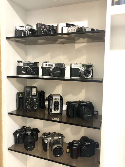 Some of my camera collection. Camera Shelf Display, Camera Collection Display, Camera Cabinet, Camera Decor, Camera Display, Camera Storage, Vision 2024, Camera Collection, Cute Camera