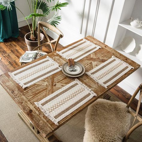 PRICES MAY VARY. Natural macrame boho placemats set of 4 for kitchen dinner room decoration, creates a wonderful table setting. Great for daily use, holiday, catering, special occasions, family gathering, and more The burlap placemat features delicate beige and burlap weaved hollow striped cotton fabric with tassel, giving a minimalist feel and boho charm, to give your table a new look. Upgrade your interior design today. Let your family or friends surprise and praise Place mats indoor set of 4 Boho Table Runner, Macrame Table, Macrame Table Runner, Tassel Decor, Tassels Decor, Striped Table, Woven Placemats, Stylish Tables, Modern Accessories