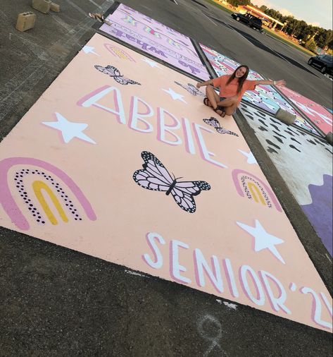 Senior Parking Spot Painting Cute, Senior Parking Spot Ideas Girly, Butterfly Senior Parking Spot, Senior Parking Space Ideas Butterfly, Cute Senior Parking Spots, Butterfly Parking Spot, Chalk Parking Spot Senior, Senior Parking Spot Painting Ideas, Pink Senior Parking Spots