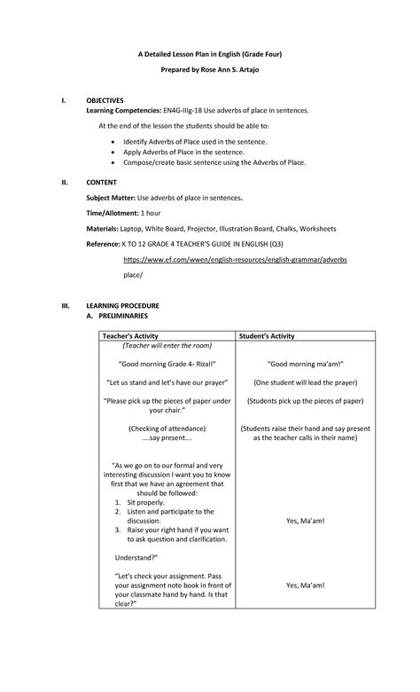 Detailed Lesson PLAN FOR Elementary - A Detailed Lesson Plan in English (Grade Four) Prepared by - StuDocu Elementary Lesson Plan Template, Toddler Lesson Plans Template, Phonics Lesson Plans, Preschool Lesson Plan Template, Lesson Plan Pdf, Weekly Lesson Plan Template, Lesson Plan Format, Library Lesson Plans, Lesson Plan Sample