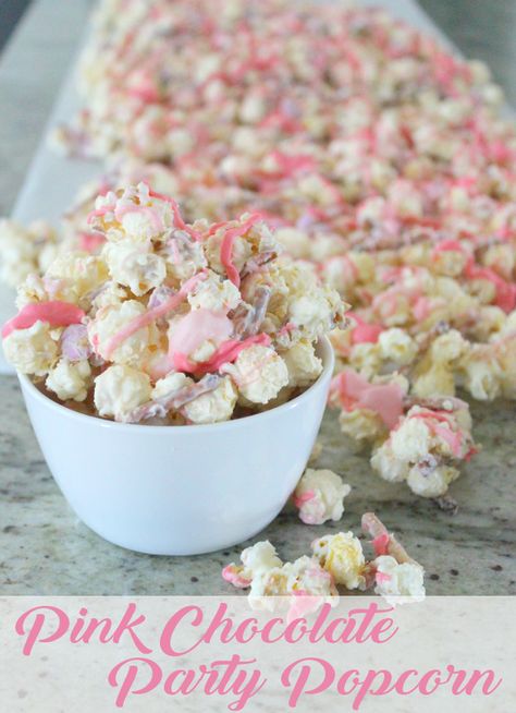 Salty, Sweet, Pink Chocolate Party Popcorn! Pink White Chocolate Popcorn, Pink Popcorn Baby Shower Favors, Chocolate Cover Popcorn, Cheer Party Food Ideas, How To Make Pink Popcorn, Pink Baby Shower Desserts, Pink Party Treats, Pink Snack Table, Booday Party