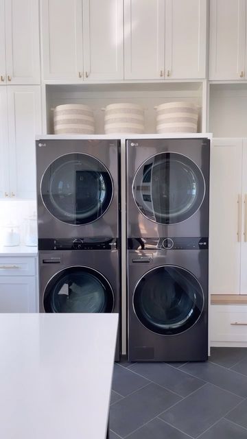 Double Stack Washer And Dryer Room Ideas, Lg Laundry Tower, Lg Wash Tower Laundry Room, Lg Tower Laundry Room, Double Washer And Dryer Laundry Room, Two Washers And Dryers, Double Stacked Washer And Dryer, Black Washer Dryer, Stacking Washer And Dryer