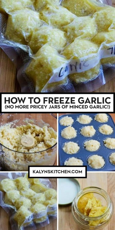 "Pinterest Image of How to Freeze Garlic showing minced garlic sealed in plastic and 4 images of garlic in various stages of preparation." How To Freeze Minced Garlic, Freezing Minced Garlic, How To Freeze Garlic Cloves, How To Freeze Garlic, Minced Garlic How To, Diy Minced Garlic, How To Preserve Garlic, Can You Freeze Garlic, Freezing Garlic