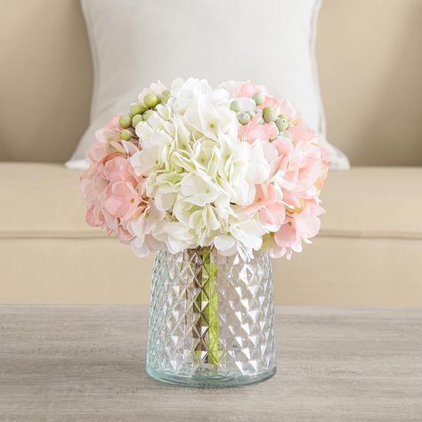 Simple Fake Flower Arrangements, Hydrangea Table Centerpiece, Baby Shower Flower Centerpieces, Pink Floral Centerpieces, Flowers With Vase, Fake Flowers Decor, Fake Wedding Flowers, Decoration Dining Table, Tissue Paper Flowers Diy