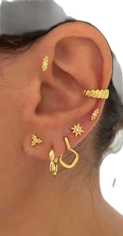 Ear Styling Gold Minimalist, Eat Piercings Gold, Turquoise Earring Stack, Good Earring Stack, Earring Arrangement Ideas, Stackable Earring Ideas, Earring Stack Gold, Ear Jewelry Aesthetic, Earring Inspo Ears