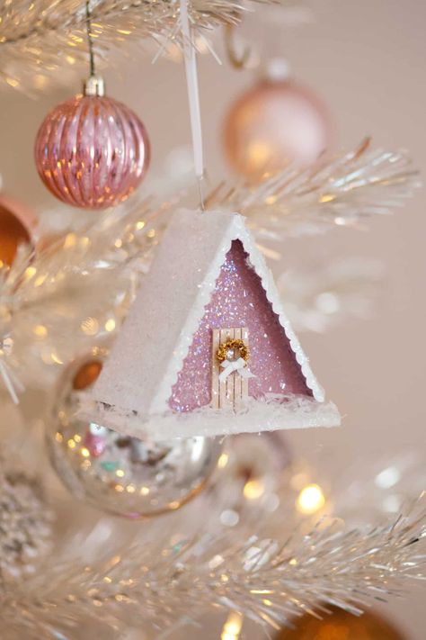 Apartment Design Ideas, House Tutorial, Putz House, Retro Christmas Decorations, Glitter Houses, Pink Christmas Decorations, A Beautiful Mess, Putz Houses, House Ornaments