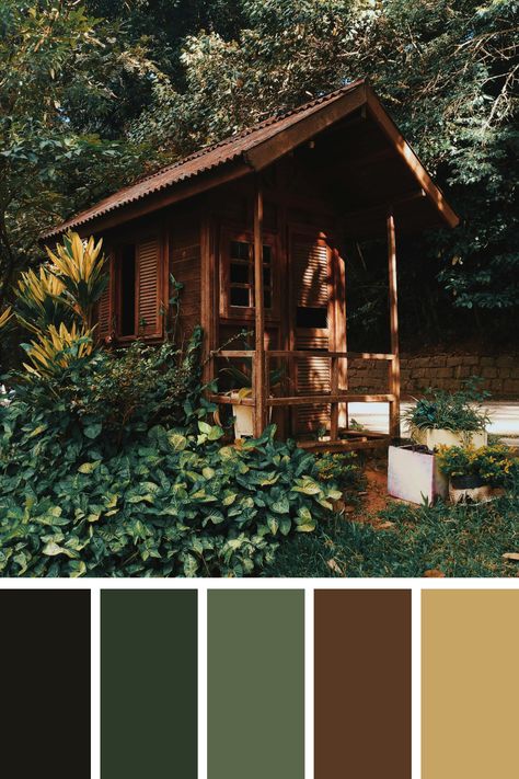 Brown and green palette.Cabin in the Forest: This image of a rustic wooden cabin surrounded by lush green foliage and dark earthy browns evokes a sense of tranquility and nature's beauty. Walnut Wood Color Palette, Green House Palette, Wood Color Pallete, Brown And Green House, Forest Green Color Combinations, Ground Color Palette, Forest Green House Exterior, Dark Green Colour Palette, Cabin Color Palette