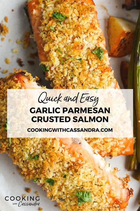 Parmesan crusted salmon coated in a garlicky, cheesy herb crust that’s crispy and scrumptious. Follow this recipe for a quick and easy crowd-pleaser. Feta Crusted Salmon, Garlic Parmesan Crusted Salmon, Salmon Recipes Parmesan Crusted, Parmasean Crusted Salmon, Encrusted Fish, Panko Crusted Salmon, Friday Meals, Salmon Dinners, Crusted Salmon Recipes