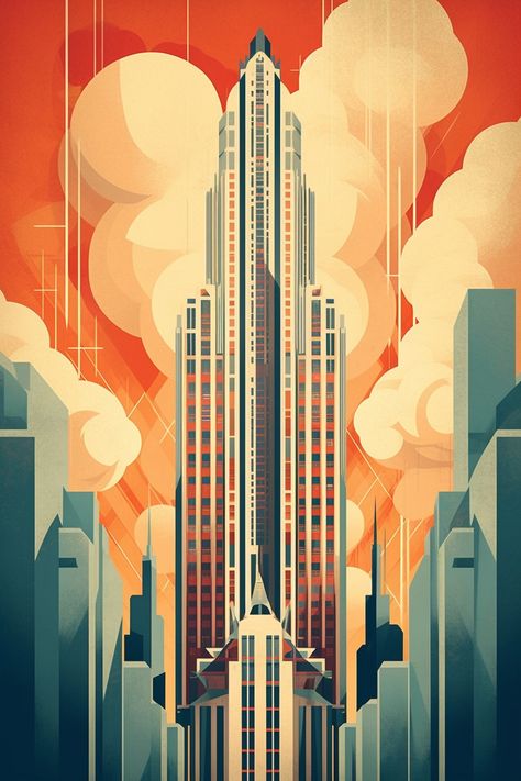 More MidJounrey prompt testing. Given my interest in the Art Deco form it was time i got to skyscapers as they're common subject in the style. Art Deco Cityscape, Art Deco City, Art Deco Artwork, State Posters, Art Deco Illustration, Art Deco Buildings, Art Deco Home, Futuristic City, Neon Art