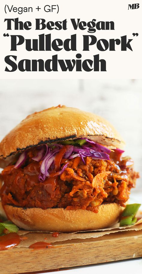 Hearty, 10-ingredient vegan "pulled pork" sandwich with lentils, tons of smoky + sweet flavor, and 17 G PROTEIN per serving! Pulled Pork Burger Recipe, Vegan Pulled Pork Sandwich, Dinner Sandwich, Vegan Pulled Pork, Pulled Pork Burger, Vegan Barbecue, Pulled Pork Recipe, Minimalist Baker, Vegan Burger