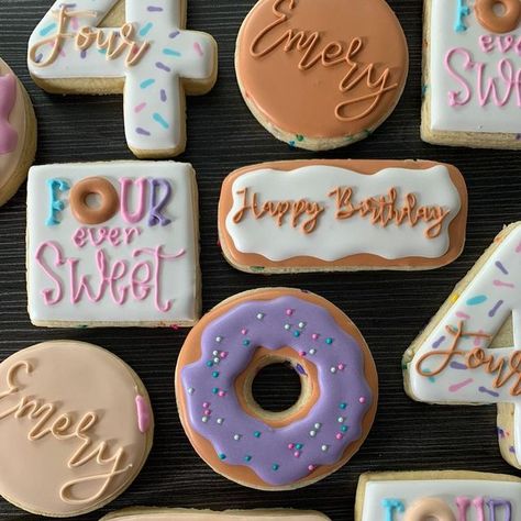 Four Ever Sweet Birthday Cookies, Fourth Birthday Cookies, 4 Birthday Party Theme, 4 Ever Sweet Birthday Party Cake, Four Ever Sweet Cookies, 4th Birthday Cookies Girl, Birthday Party 4 Girl, Girl Fourth Birthday Party Theme, 4year Birthday Party Ideas Girl