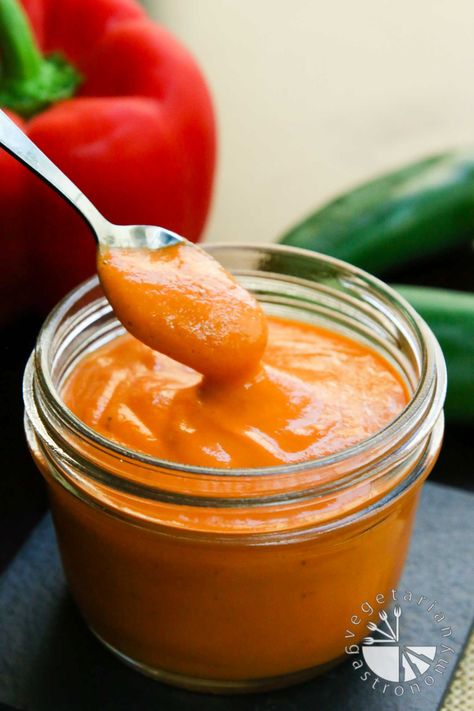 Spicy Roasted Red Bell Pepper Sauce made in the Vitamix Scotch Bonnet Hot Sauce Recipe, Red Bell Pepper Sauce, Habanero Sauce Recipe, Bell Pepper Sauce, Mango Habanero Sauce, Roasted Red Bell Pepper, Habanero Sauce, Roasted Red Pepper Sauce, Hot Sauce Recipes