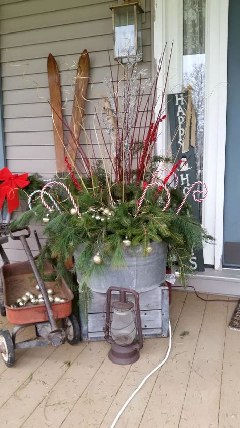 How I Dressed up My Front Porch for Christmas and the Winter Season. | Hometalk Christmas Urns, Chirstmas Decor, Outside Christmas Decorations, Christmas Sled, Season Decor, Christmas Planters, Winter Porch, Front Porch Christmas Decor Ideas, Porch Christmas Decor Ideas