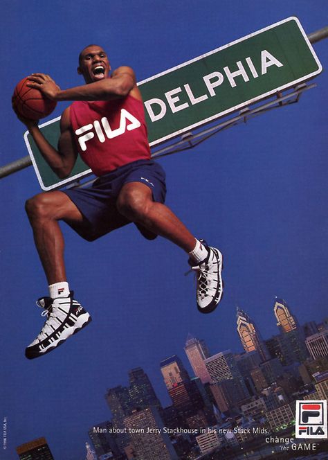 This play on words is very creative. I like how "Fila Delphia" is on a street sign overlooking the city of Philadelphia. I'm not sure if Philly is a significant city for basketball, but this definitely makes me want to buy their shoes.   The shoes are rather affordable. Logos Retro, Publicidad Creativa, Great Ads, Guerilla Marketing, Best Ads, Retro Ads, Old Ads, Print Advertising, Magazine Ads