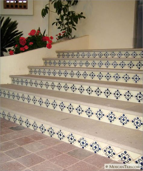 MexicanTiles.com - Stairs with Blue Marguerite Talavera Mexican Tile Talavera Tiles Stairs, Porcelain Stairs Tile Flooring, Talavera Stairs, Mexican Stairs, External Steps, Mexican Tile Stairs, Entrance Staircase, Tiled Staircase, Rustic Staircase