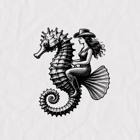 Coastal Cowgirl. Yee-haw! #DeepBlueCollection #MarineLife #OceanArt #ComingSoon #animallover #cowgirl #coastalcowgirl #yeehaw #southernliving #southerngirl #seahorse #oceangirl #oceanlover Trippy Black And White Tattoos, Cowgirl Riding Horse Tattoo, Coastal Cowgirl Tattoo Ideas, Costal Cowgirl Tattoo, Coastal Cowgirl Art, Mermaid Cowboy, Mermaid Cowgirl, Cowgirl Mermaid, Tattoo Clipart