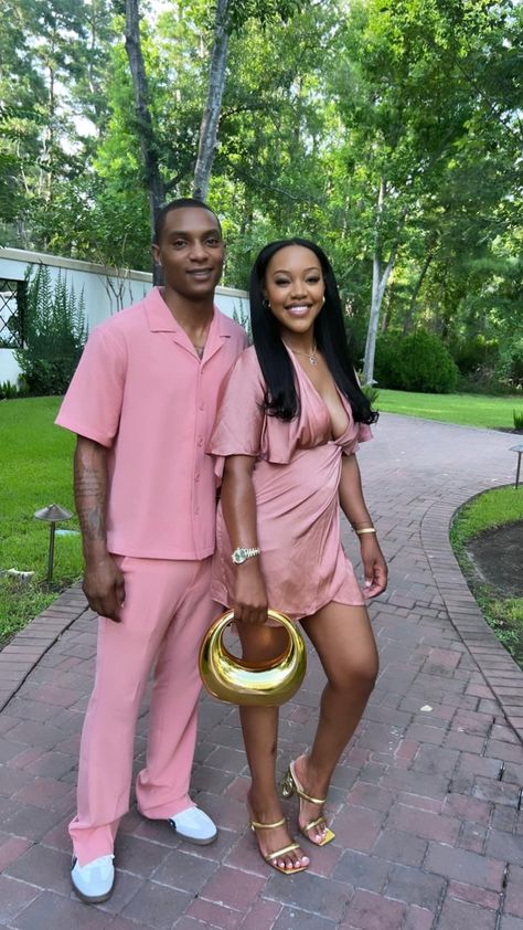 Wedding Date Outfit Couple, Couple Church Outfits, Pink Couple Outfit, Color Coordinated Outfits For Couples, Date Night Couple Outfit, Couples Outfits Black People, Couple Dress Matching, Couple Date Night Outfits, Brunch Fits