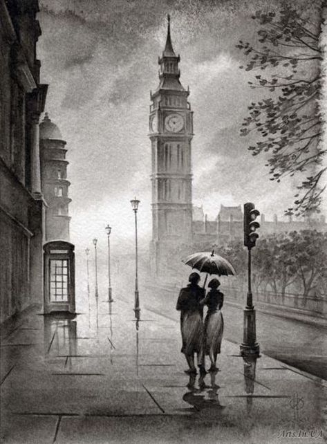 "Rainy Day in London" by Oleg İldyukov Rainy Landscape, Pencil Sketches Landscape, Landscape Sketches, Easy Pencil Drawings, Landscape Pencil Drawings, Landscape Sketch, Big Ben London, People Walking, City Drawing