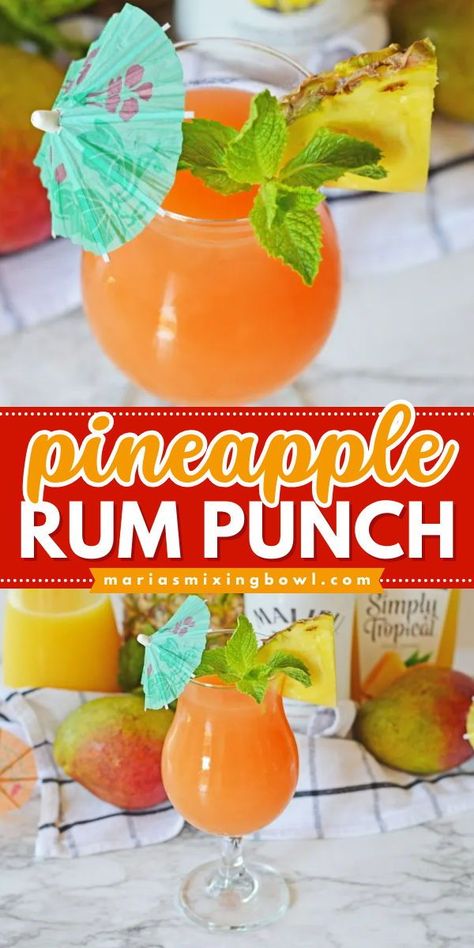 You can't go wrong with this drink idea! It's a fun cocktail recipe to serve at any get-together. With a combo of pineapple, mango, and orange juice, this rum punch is full of tropical flavors! Pineapple Rum Punch, Tropical Drink Recipes, Mango Rum, Fun Drinks Alcohol, Alcholic Drinks, Coctails Recipes, Cocktail Drinks Alcoholic, Pineapple Drinks, Yummy Alcoholic Drinks