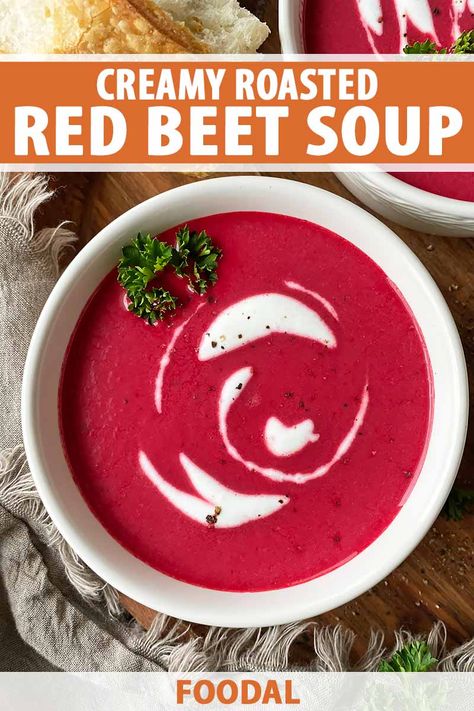 Learn how to transform one of the humblest root vegetables into a delectable dinner tonight. Sweet and earthy, our creamy roasted red beet soup relies on a few culinary tricks to achieve the ultimate velvety texture. Grab your strainer and blender, and read more now on Foodal for the full recipe. #beet #soup #foodal Red Beets Recipe, Roasted Beet Soup, Beet Recipes Healthy, Roasted Beets Recipe, Beet Soup Recipes, Roasted Beets And Carrots, Brunch Salad, Pulp Recipe, Beet Soup