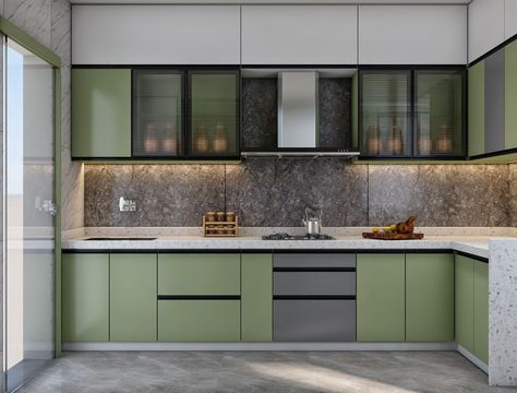 Check Out This Stunning Modular Kitchen We Recently Designed In Chembur! The Sleek, Modern Design Not Only Looks Beautiful But Is Also Highly Functional, With Plenty Of Storage And Workspace For All Your Cooking Needs. We Love How The Clean, Sage Green Cabinets & White Countertops Are Accented By Pops Of Color From The Backsplash Lighting. This Kitchen Is Sure To Be The Heart Of The Home And Make Meal Prep A Breeze. Latest Modular Kitchen Design, Kitchen Unit Designs, Modular Kitchen Interior, Kitchen Design Centre, Kitchen Appliances Design, Modular Kitchen Cabinets, Kitchen Modular, Modular Kitchen Designs, Modular Kitchen Design