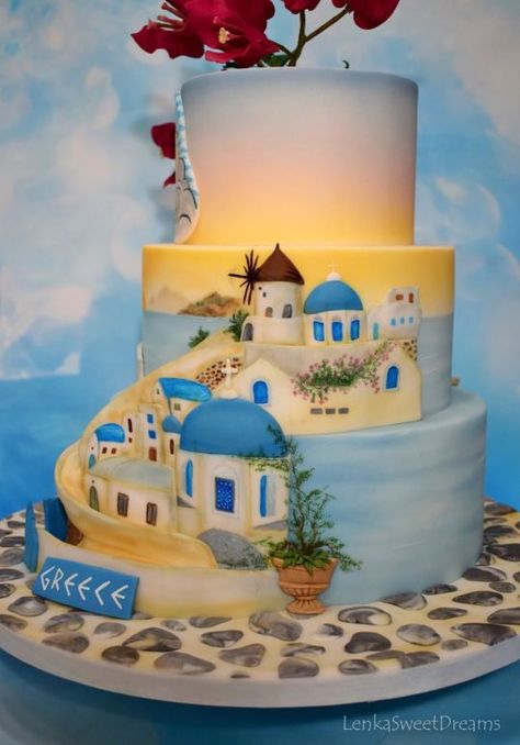 Sunset in Greece. Greek Cake Design, Greek Birthday Cake, Mama Mia Cake Ideas, Mamma Mia Cake Ideas, Mama Mia Cake, Mamma Mia Cake, Greek Birthday, Sunset In Greece, Greek Cake