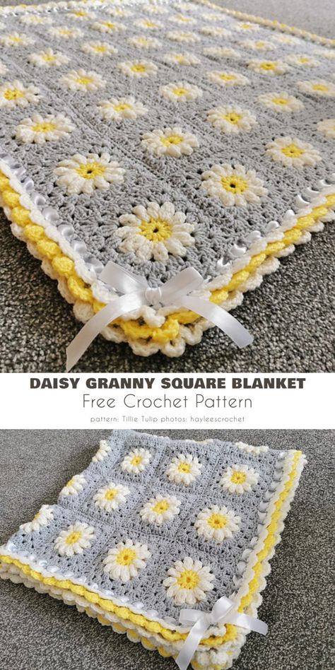 Free Patterns: Timeless Daisy Blanket - Your Crochet Granny Square Daisy Blanket, Crochet Daisy Square Pattern, Crochet Daisy Granny Square Blanket, Baby Girl Granny Square Blanket, Easy Crochet Blanket Patterns Free Granny Squares, Daisy Granny Square Pattern Free, Crochet Daisy Pattern Free, Easy Crochet Borders For Blankets, Crochet Squares Pattern Free