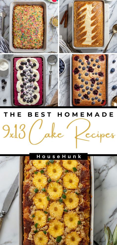 Do you love 9x13 cakes? Then you'll love this list of 33 easy and delicious 9x13 cake recipes for any occasion. From chocolate and vanilla to fruit and nut, these cakes are perfect for breakfast, dessert, or snack. Plus, they are all no-fail and crowd-pleasing. Pin this post and bake them today! Crowd Pleasing Cake Recipes, Best 9x13 Cake Recipes, 9 By 13 Cake Recipes, Anniversary Cake Recipes, 9 X 13 Cake Recipes, 9x13 Cake Recipes, Cake Pan Recipes, 9x13 Desserts, Cake 9x13