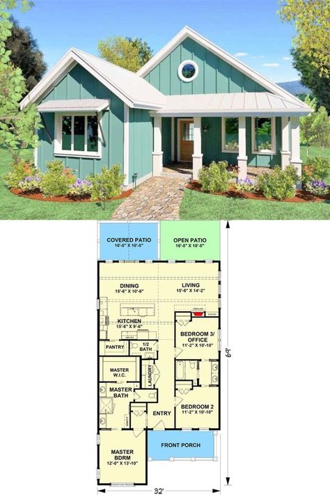 3-Bedroom Single-Story Country Cottage for a Narrow Lot with Open Concept Living (Floor Plan) Cottagecore House Plans, Beach Cottage Floor Plans, Master Suite Floor Plan, Country Cottage House, Country Cottage House Plans, Cottage Floor Plan, Beach House Flooring, Cottage Flooring, Small Beach Houses