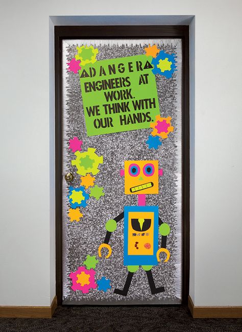 Make your classroom door shine with Fadeless® Designs Galvanized pattern and Silver Metallic Bordette®! Robot Kindergarten, Engineering Classroom, Stem Classroom Decor, Counselor Decor, Robot Classroom, Steam Classroom, Poster Boards, Elementary Stem Activities, Guidance Counselor