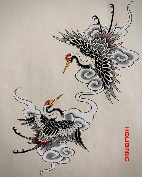 Japanese Crain Birds Tattoo, Chinese Crane Art, Traditional Japanese Bird Tattoo, Bird Japanese Tattoo, Chinese Bird Tattoo, Crane Shoulder Tattoo, Crane Tattoo Japanese, Traditional Japanese Back Tattoo, Japan Traditional Tattoo