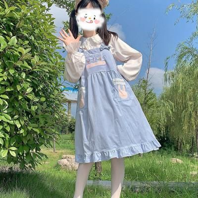 Cute Slip Dress, Pastel Kawaii Aesthetic, Lolita Outfit, Corduroy Pinafore, Rabbit Embroidery, Dress Kawaii, Kawaii Outfits, Bunny Embroidery, Pastel Kawaii