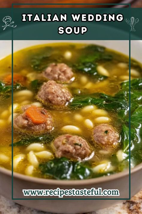 This Italian Wedding Soup recipe is a delightful, hearty dish that features tender meatballs, vibrant greens, and comforting pasta in a flavorful broth. It's perfect for a quick and easy meal that feels special. Meatballs For Wedding Soup, Italian Wedding Ball Soup, Wedding Soup Recipe Easy, Meatball Wedding Soup, Italian Wedding Soup Frozen Meatballs, Italian Wedding Soup Meatballs, Italian Meatball Soup Recipes, Wedding Soup Meatball Recipe, Italian Wedding Soup Recipes