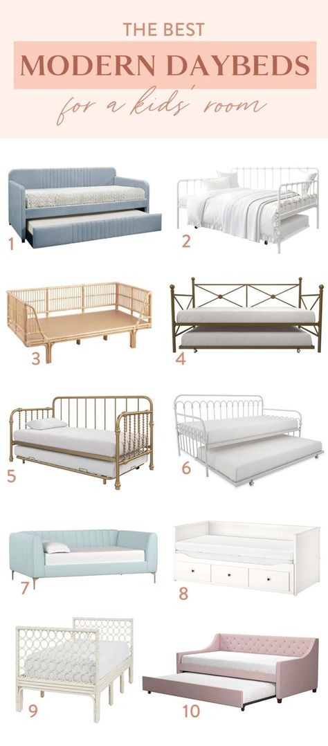 Including a modern daybed in a kids' room is a fun, functional way to add character! Try one of these 10 modern daybeds in your space. Day Bed For Nursery, Day Bed For Kids Room, Teen Day Bed, Daybed In Playroom Ideas, Daybed With Trundle Girls Room, Day Bed Toddler Room, Daybed For Guest Room, Two Daybeds In One Room Ideas, Cozy Office With Daybed