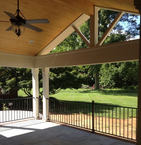 Raleigh Covered porch with Cathedral Ceiling - I really love the limestone floor on this patio. Covered Patio Vaulted Ceiling, Cathedral Ceiling Outdoor Patio, Cathedral Porch Ceiling, Cathedral Ceiling Porch, Patio Ceiling Ideas, Carport Addition, Limestone Patio, Patio Ceiling, Dream Porch