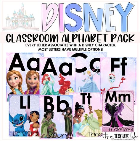 Character Theme Classroom, Classroom Alphabet Posters, Classroom Alphabet, Disney Watercolor, Disney Themed Classroom, Disney Activities, Watercolor Alphabet, Disney Alphabet, Disney Classroom