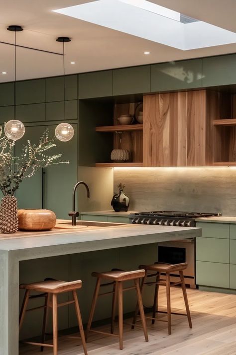 50+ Kitchens with Green Cabinets and Wood Accents Wood Concept Interior, Green Wood Kitchen Cabinets, Green Natural Kitchen, Natural Wood Kitchen Cabinet, Green Flat Panel Kitchen Cabinets, Idea For Kitchen Decoration, Green Open Kitchen And Living Room, Wood And Green Interior, Green Kitchen Design Ideas