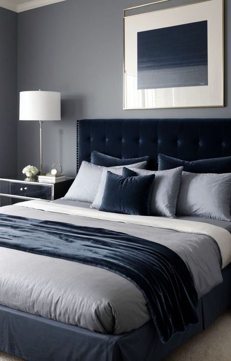 Blue And Grey Bedroom Ideas, Calm Bedroom Ideas, Blue And Grey Bedroom, Blue Velvet Headboard, Beautiful Bedroom Inspiration, Navy Bedroom, Blue Gray Bedroom, Grey Bedroom Ideas, Navy Bedrooms