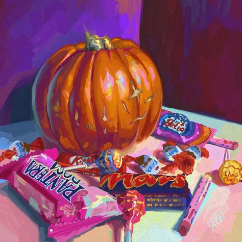 Digital Halloween Art, Halloween Candy Painting, Halloween Candy Illustration, Lsd Visuals, Alai Ganuza, Fun Still Life, Halloween Reference, Halloween Art Painting, Nostalgia Painting