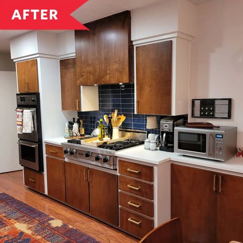 Natural Wood Cabinets, Dated Kitchen, Mid Century Kitchen Remodel, Ranch Kitchen, Natural Wood Kitchen, Mcm Kitchen, White Tile Backsplash, Ikea Kitchen Cabinets, Brown Kitchens