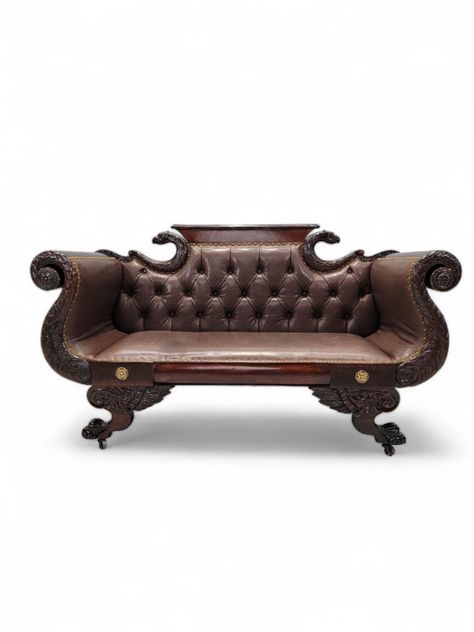 "Shipping is NOT Free, please read below how to get a shipping quote.  19th century classic, Fine Philadelphia Carved Mahogany Castered Parlor Sofa, Newly Upholstered in Full Grain Espresso Italian Tufted Leather This paragon of Philadelphia's bustling 19th century furniture trade would be a stunning addition to a parlor or sitting room. This sofa has four beautifully carved clawed feet. Carved feathered eagles curve outward from the central backboard, and the armrests have carved spiraling leaves. We offer custom upholstering after sale.  Circa 1850 Dimensions: W 68\"  D 25\"  H 29.25\"  SH 18.5\"  SD 21.5\" Good vintage condition Please be aware that most of the items are vintage/antique and may have small defects or signs of age. However, we strive to provide clear and honest descriptio Parlor Sofa, Neoclassical Sofa, 1920s Furniture, 1940s House, Retro Objects, Empire Furniture, Medieval Furniture, Victorian Home Decor, Victorian Interior