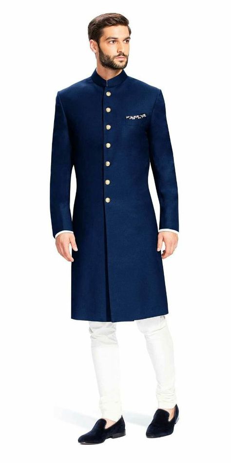 nawabi style blue silk sherwani Engagement Dress For Men, Blue Sherwani, Mens Indian Wear, Sherwani For Men Wedding, Wedding Kurta For Men, Groom Dress Men, Indian Groom Wear, Wedding Dresses Men Indian, Sherwani Groom