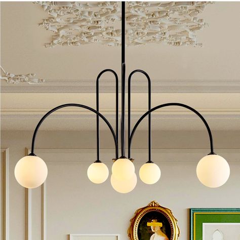 Modern Black Chandelier 6 Lights Sputnik Chandelier For Dining Room Large L40” Mid Century Ceiling Pendant Light Fixtures With Withe Glass Globe Shades For Foyer Globe Dining Room Chandelier, Transitional Modern Lighting, Vintage Dining Room Light Fixtures, Midcentury Modern Chandeliers, Dining Room Lighting Over Table Low Ceiling, Black Bedroom Chandelier, Mid Century Modern Lighting Chandeliers, Midcentury Chandeliers, Mid Century Modern Dining Room Lighting