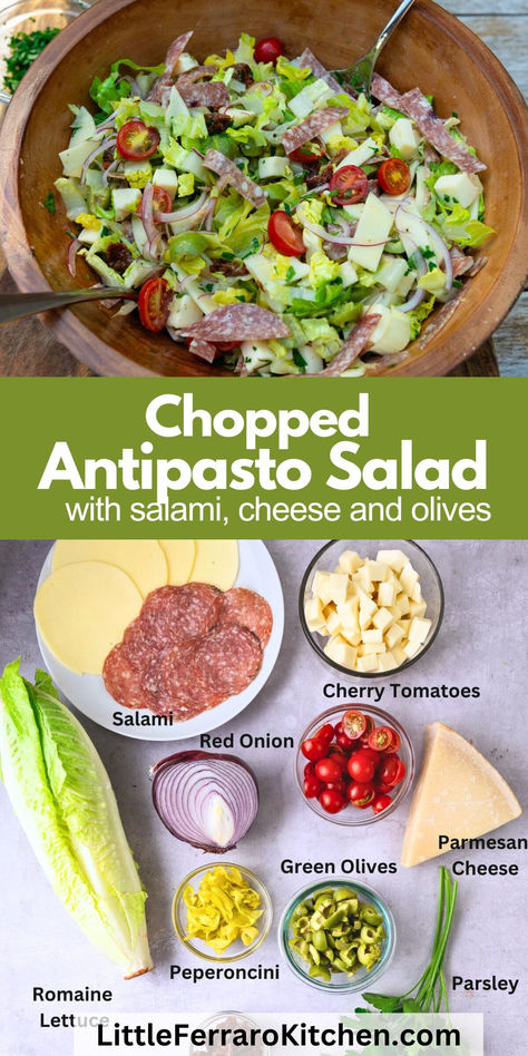 This vibrant Chopped Antipasto Salad is full of crisp romaine, cherry tomatoes, salami, and cheese and dressed with a tangy Parmesan vinaigrette. Perfect for any gathering! Anti Pasta Salad Antipasto, Chopped Antipasto Salad, Antipasta Salads, Best Italian Salad, Salami Salad, Italian Antipasto Salad, Salami And Cheese, Italian Antipasto, Antipasto Salad