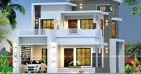 2350 square feet box model contemporary style house plan by Evershine Builders from Kozhikode, Kerala. Box Style House Design, Hair To Side Wedding, Kerala Model House Plans, Wedding Hair To Side, New Model House Design, Side Wedding Hair, Box House Design, New Model House, Hair Style Girl