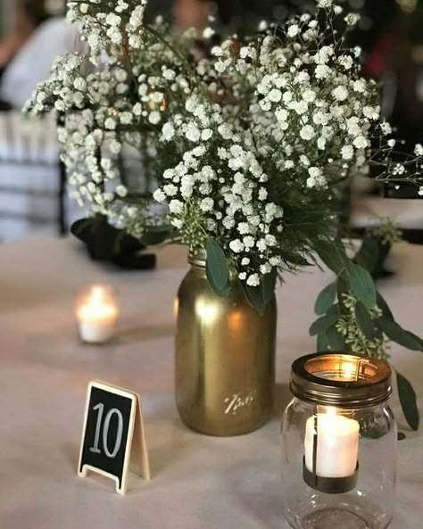 Centerpieces For Black And Gold Party, Gold Mason Jars With Flowers, Retirement Party Ideas Black And Gold, Simple Black And Gold Centerpieces, 60th Bday Centerpieces, Food For Retirement Party Ideas, 50 Centerpieces 50th Birthday, Gold And Black Centerpieces Diy, White And Gold Party Centerpieces